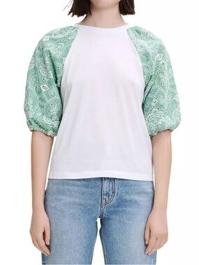 Maje White Tee with Mint Paisley Puff Sleeves